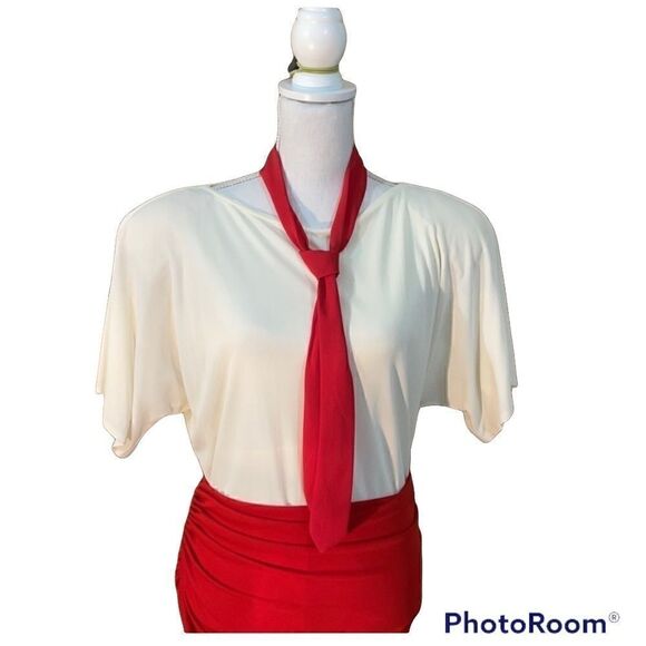 Jackie Rogers Grecian Style Cream maxi Dress, red waist band, neck tie, Medium - Picture 8 of 13